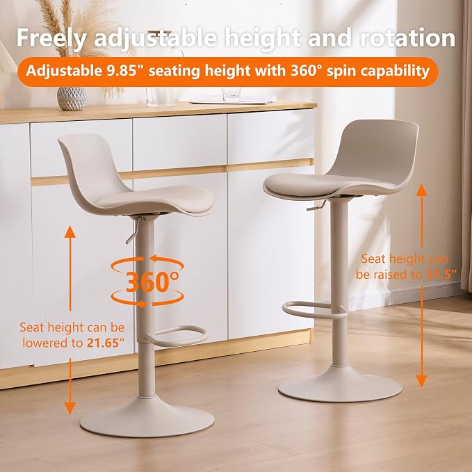 Kidol & Shellder Bar Stools Set of 2 Cream Adjustable Swivel Counter Height Stools, Modern PU Leather Upholstered with Back Solid Color Barstools for Kitchen Island