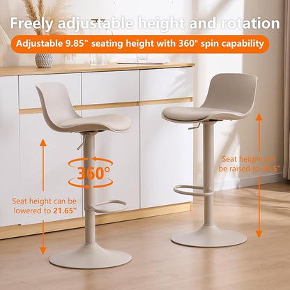 Kidol & Shellder Bar Stools Set of 2 Cream Adjustable Swivel Counter Height Stools, Modern PU Leather Upholstered with Back Solid Color Barstools for Kitchen Island