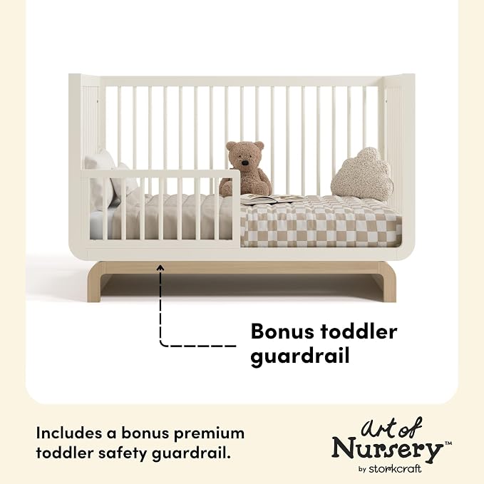 Storkcraft Santorini 5-in-1 Convertible Crib with Toddler Guardrail – GREENGUARD Gold Certified, Conversion Kit Included, 100% Solid Wood, Fits Standard Crib Mattress (Frosted Oat and Driftwood)