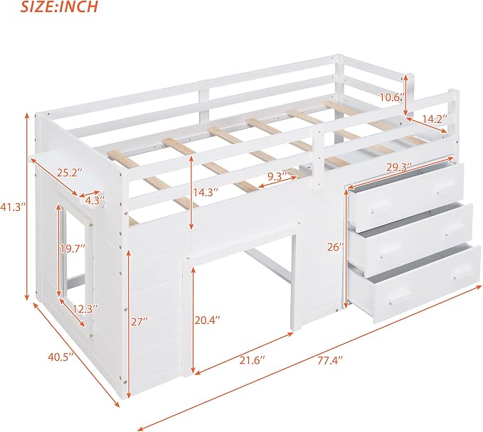 Bellemave Twin Size Low loft Bed for Kids,Wood Modern Farmhouse Twin Loft Bed with and Drawer Storage, No Box Spring Needed, White