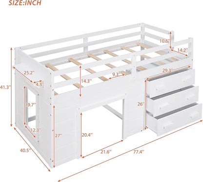 Bellemave Twin Size Low loft Bed for Kids,Wood Modern Farmhouse Twin Loft Bed with and Drawer Storage, No Box Spring Needed, White