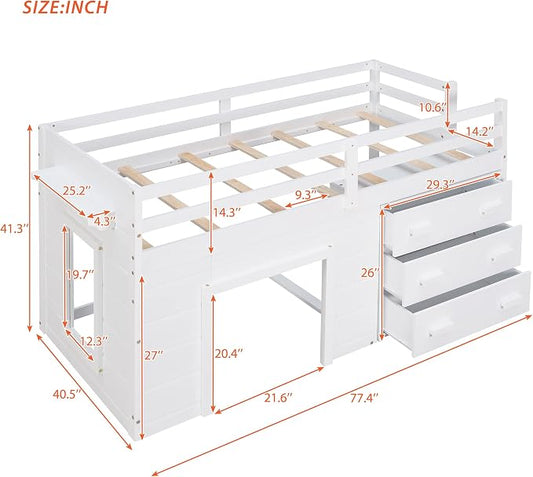 Bellemave Twin Size Low loft Bed for Kids,Wood Modern Farmhouse Twin Loft Bed with and Drawer Storage, No Box Spring Needed, White