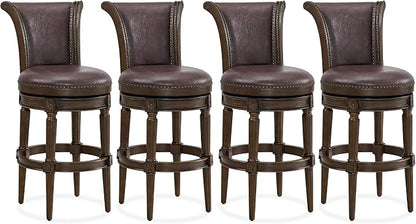 ROME + OAK Set of 4 Runyan 31" Swivel Bar Stool, High Back Barstool in Dark Walnut Finish with Vintage Brown Vegan Leather Seat