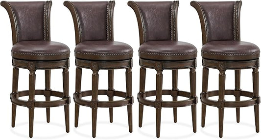 ROME + OAK Set of 4 Runyan 31" Swivel Bar Stool, High Back Barstool in Dark Walnut Finish with Vintage Brown Vegan Leather Seat