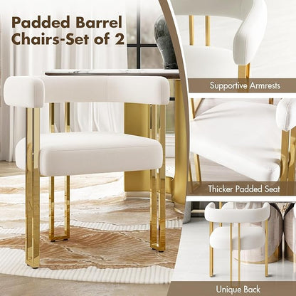 Hyfirm Beige and Gold Modern Dining Chairs Set of 2, Velvet Upholstered Barrel Armchairs with Metal Legs for Kitchen Island, Mid Century Accent Chairs for Dining Room Living Room, Open-Back