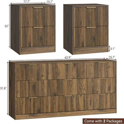 9 Drawer Dresser & Nightstand Set 3-Piece, 63” Wide Walnut Bedroom Dresser and Night Stand Set of 2, Fluted Modern Wood Chest of Drawers Storage Dressers Set for Bedroom, Walnut