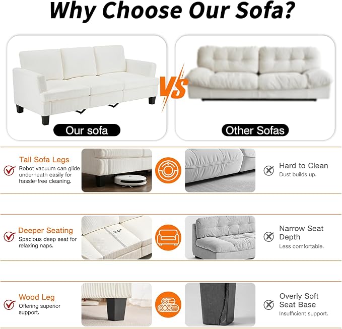 Modern 3 Seater Sofa for Living Room with Soft Deep Seats, Sofa 3 Seater in Linen, Upholstered Apartment Sofa with Armrests, Comfy Cozy Sofas for Bedroom (Corduroy, White)
