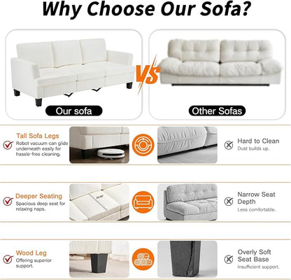 Modern 3 Seater Sofa for Living Room with Soft Deep Seats, Sofa 3 Seater in Linen, Upholstered Apartment Sofa with Armrests, Comfy Cozy Sofas for Bedroom (Corduroy, White)