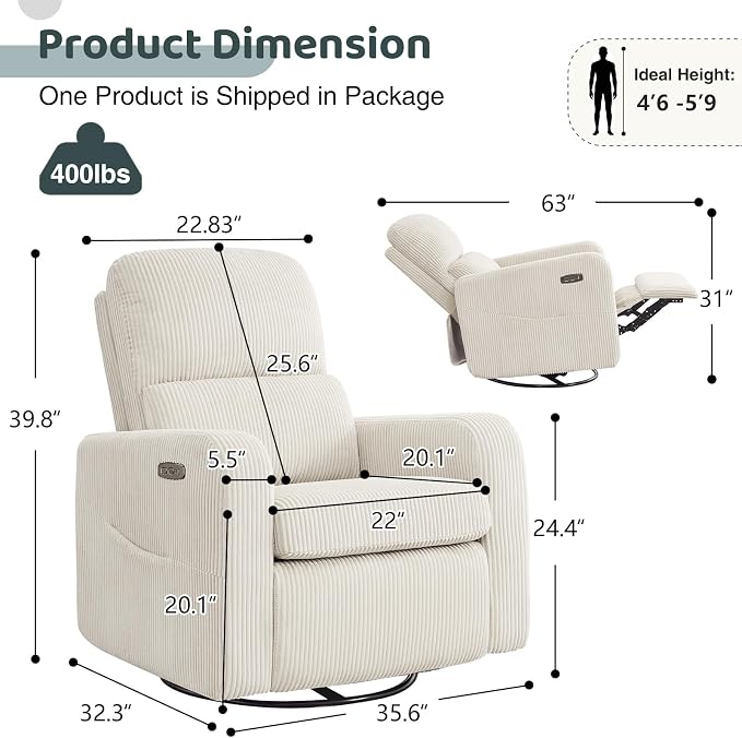 Swivel Rocker Recliner, Oversized Power Recliner Glider with Removable Cushion, Upholstered Corduroy Swivel Reclining Nursery Chairs for Living Room Bedroom, Cream White