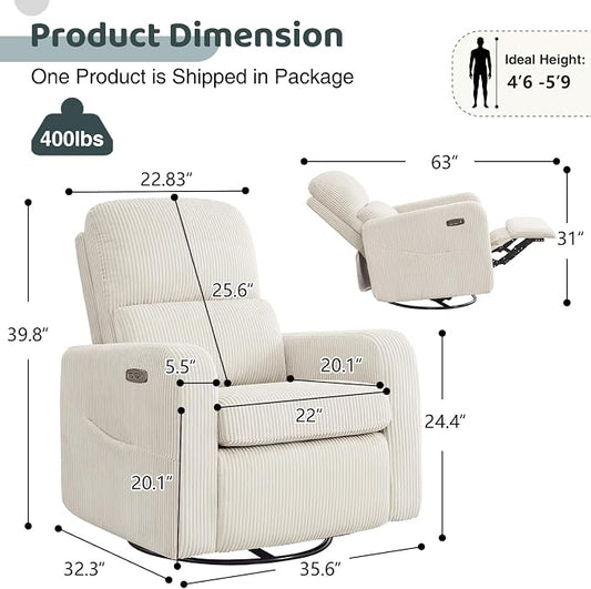 Swivel Rocker Recliner, Oversized Power Recliner Glider with Removable Cushion, Upholstered Corduroy Swivel Reclining Nursery Chairs for Living Room Bedroom, Cream White