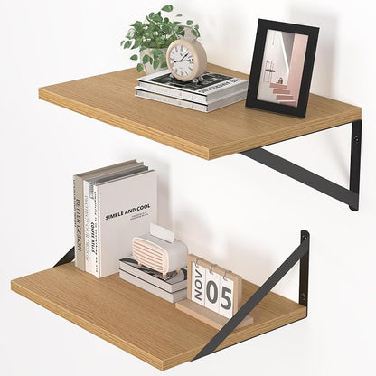 Heimlove 12 Inch Deep Floating Shelves for Wall, 16W x 12D Wood Wall Shelves Set of 2, Rustic Oak Wide Floating Bookshelf for Living Room, Kitchen, Office, Bedroom, with Black Metal Bracke - Oak