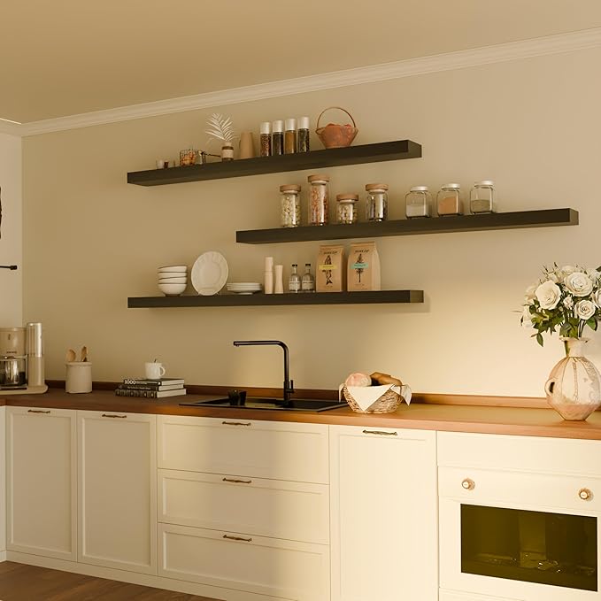 Floating Shelves for Wall, 60 Inch Extra Long Black Wall Shelves, Set of 3, Hanging Invisible Brackets Floating Shelves for Living Room,Bedroom,and Kitchen