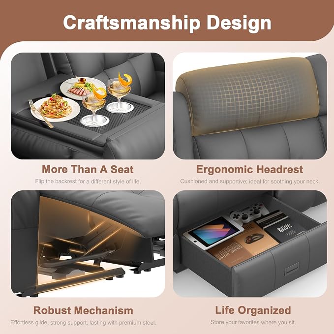 Recliner Sofa, 78.2" PU Leather Reclining Couch Loveseat with Flip Middle Backrest & Drawers - 3 Seat Home Theater Seating, Massage - Lumbar Support for Family Living Room & RV