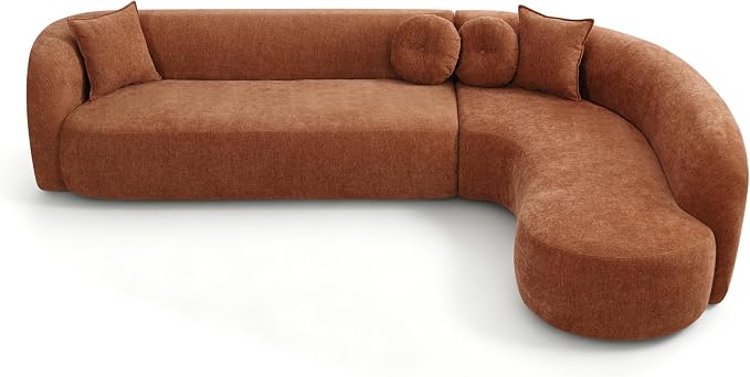 Curved Sectional Sofa with Chaise, 128" Oversized Cloud Couch, Chenille Fabric, High-Density Foam, Deep Seating, No Assembly, L-Shaped Sectional, Modern Living Room Sofa, Burnt Orange
