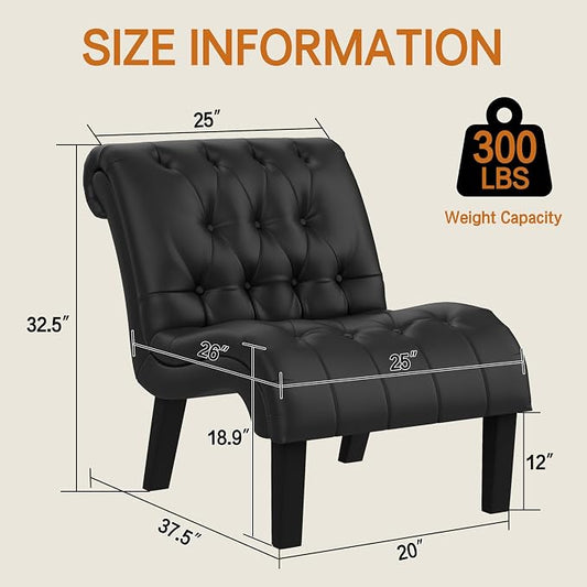 Black Faux Leather Accent Chair Modern Button Tufted Upholstered Armless Chair for Bedroom Living Room with Wood Legs