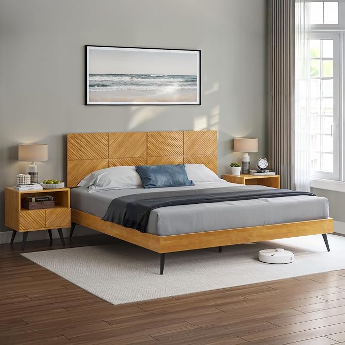 Bme Rhombus King Bed Frame – Solid Rubber Wood with Geometric Rhombus Headboard, Teak Brown Finish, Scandinavian Modern Platform Bed with Sturdy Slats & Metal Legs, No Box Spring Needed