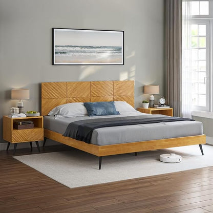 Bme Rhombus King Bed Frame – Solid Rubber Wood with Geometric Rhombus Headboard, Teak Brown Finish, Scandinavian Modern Platform Bed with Sturdy Slats & Metal Legs, No Box Spring Needed