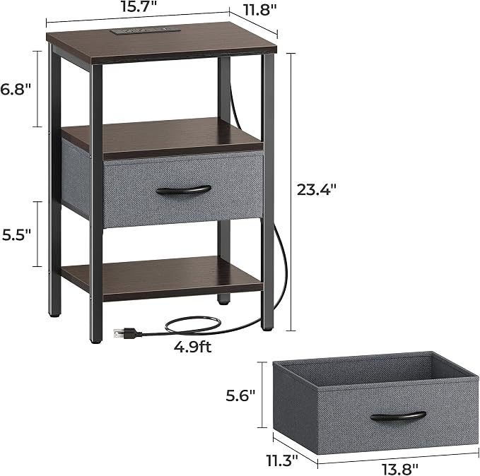 SUPERJARE Nightstand with Charging Station, Bed Side Table with Adjustable Fabric Drawer, Night Stand for Bedroom, 3-Tier Storage End Table, for Living Room - Walnut