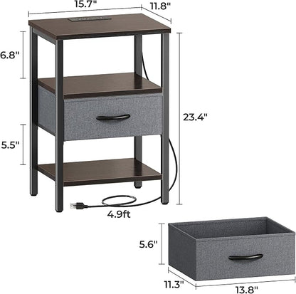 SUPERJARE Nightstand with Charging Station, Bed Side Table with Adjustable Fabric Drawer, Night Stand for Bedroom, 3-Tier Storage End Table, for Living Room - Walnut