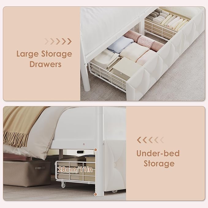 Keyluv Full Size Upholstered LED Canopy Bed Frame with Charging Station and Drawer, Button Tufted Crown Headboard with Storage Shelf, Two-Purpose Removable Four Poster Design Platform Bed, Beige