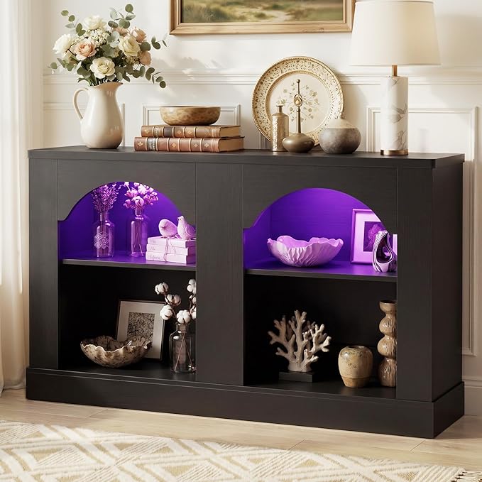 Unikito Entryway Table with LED Lights, 47" Farmhouse Console Table with Adjustable Shelves, Sofa Table Behind Couch, Sideboard Buffet Storage Cabinet for Entrance/Hallway/Living Room,Black