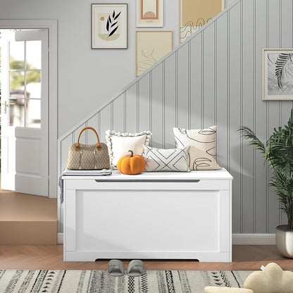 usikey 39.4” Toy Chest, Toy Box for Living Room, Storage Chest with 2 Safety Hinges, Lift Top Storage Bench, Storage Trunk, for Bedroom, Entryway, White
