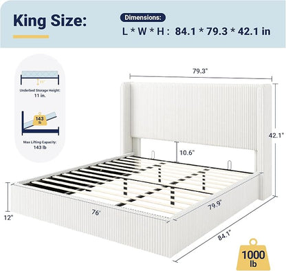 Allewie King Lift-Up Storage Bed Frame with Modern Wingback Headboard, Corduroy Upholstered Platform Bed, Hydraulic Gas Lift Support, Underbed Storage, Wooden Slats, No Box Spring Needed, White