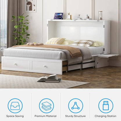 PUREMIND Murphy Bed Queen - Solid Wood Cabinet Bed with Storage Drawers & USB Ports - Space Saving Wallbed Hideaway Murphy Beds for Guest Room, Home Office, No Mattress Included, White