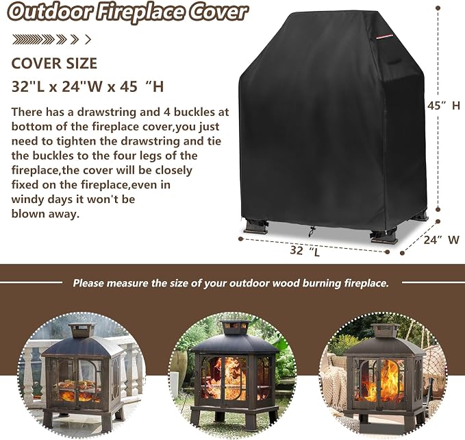 Outdoor Fireplace Cover,Heavy Duty 600D Waterproof Square Chimineas Fireplace Covers,Cover for Panovue Chiminea Fire Pit,32" L x 24" W x 45" H,Black