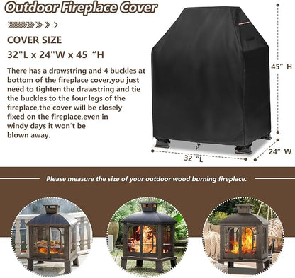 Outdoor Fireplace Cover,Heavy Duty 600D Waterproof Square Chimineas Fireplace Covers,Cover for Panovue Chiminea Fire Pit,32" L x 24" W x 45" H,Black