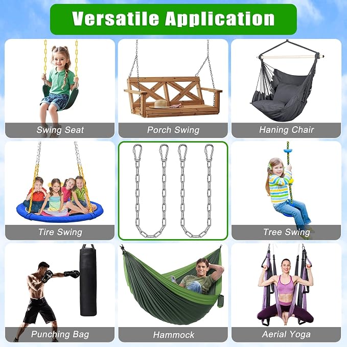 2Pcs 65" (5.4 ft) 304 Stainless Steel Swing Chain 1000 LBs Capacity Porch Swing Chains with Hooks Hanging Chair Chains for Hammock Chair, Swingset, Punching Bag, Egg Chairs, for Indoor and Outdoor