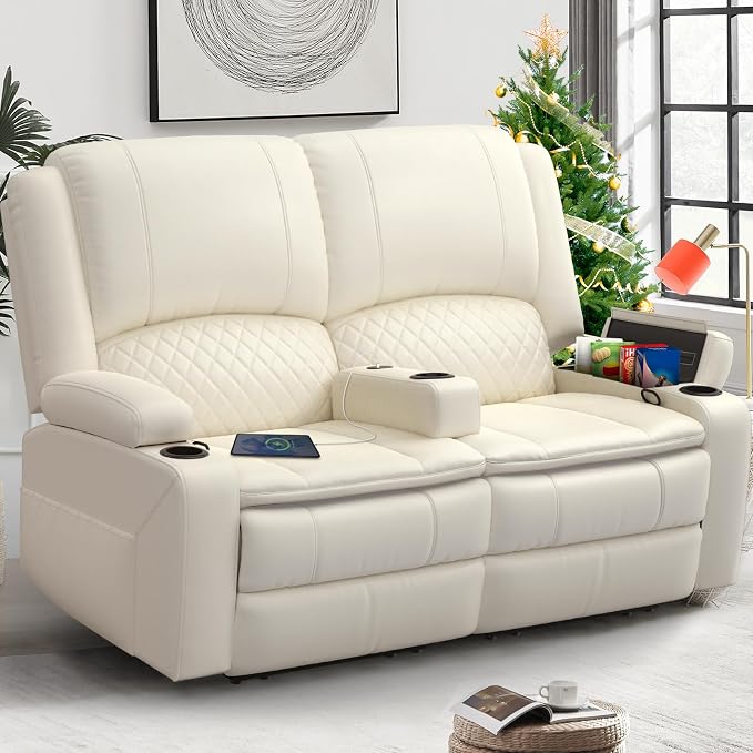 Yolsali Loveseat Recliner Sofa, Manual Reclining Loveseat with Removable Armrest, PU Leather Double Recliner for RV with 2-Tier Cushions, USB Charging Ports, Cup Holders - Ivory White