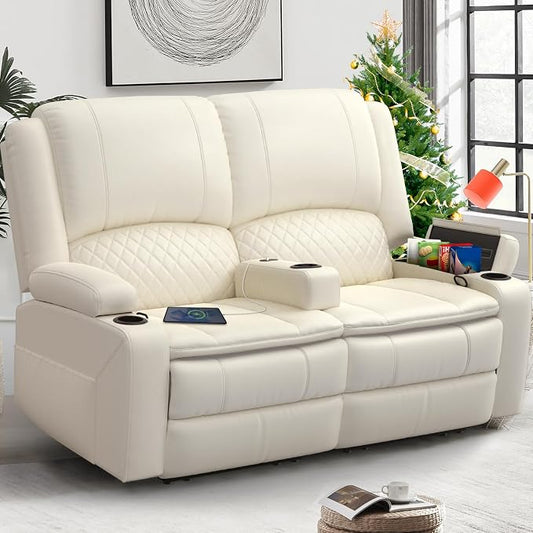 Yolsali Loveseat Recliner Sofa, Manual Reclining Loveseat with Removable Armrest, PU Leather Double Recliner for RV with 2-Tier Cushions, USB Charging Ports, Cup Holders - Ivory White
