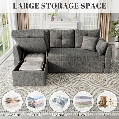 Huatean Home Sleeper Sofa Couch, 2 in 1 Sectional Sleeper Couch Bed with Side Pocket, Pullout Sofa Bed with Storage Chaise for Living Room, Dark Grey