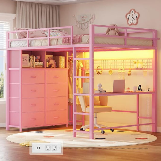 ADORNEVE Loft Bed Full Size with Desk and 8 Storage Drawers, LED Metal Loft Bed with Power Outlet, 2 Shelves & Clothing Rack, Bed with Safety Guardrail & Ladder,Space-Saving, Pink