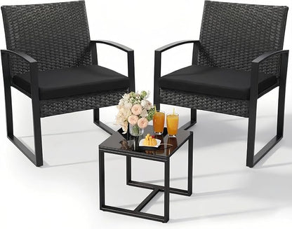 Murago 3-Piece Patio Bistro Set - Outdoor Rattan Conversation Chair Set with Glass Coffee Table & Cushions - Perfect for Balcony, Porch, Garden, Poolside, Black/Black