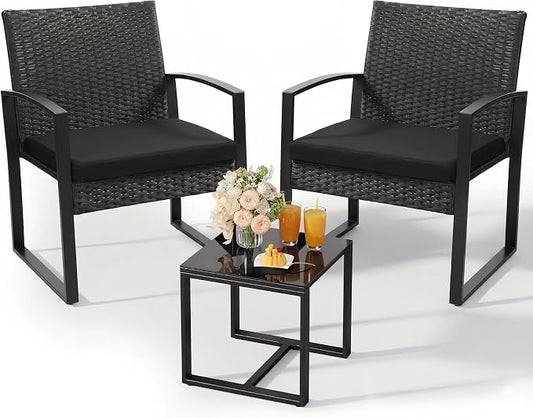 Murago 3-Piece Patio Bistro Set - Outdoor Rattan Conversation Chair Set with Glass Coffee Table & Cushions - Perfect for Balcony, Porch, Garden, Poolside, Black/Black