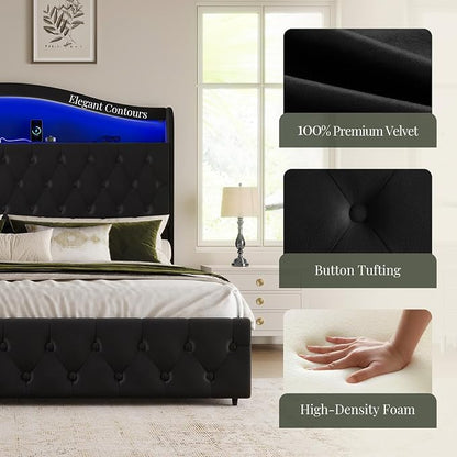 King Size Bed Frame and Headboard & 4 Storage Drawers, Upholstered Platform Bed Frame with RGB LED Lights & Charging Station, No Box Spring Needed, Easy Assembly, Noise-Free, Black