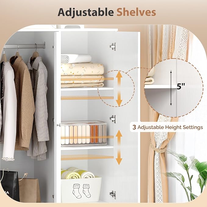 VINGLI Armoire Wardrobe Closet with Doors and Mirror,47"W Wardrobe Cabinet Wooden with Hanging Rod & Shelves Inside, 4 Door Bedroom Armoires with Drawers, Modern White Freestanding Armoire for Bedroom
