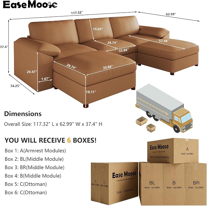 EASE MOOSE Oversized Modular Sectional Sofa,Leather Sectional Couch with Deep Seat,Extra Large U Shaped Couch,Modern Comfy Scratch Resistant Faux Leather Material Sofa,Brown