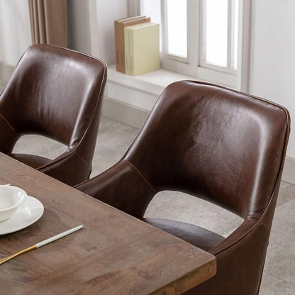 Faux Leather Upholstered Dining Chairs Set of 6 with Arms | Brown faux leather upholstery, solid wood legs, curved open back, padded seat, easy-care surface, dining room, kitchen
