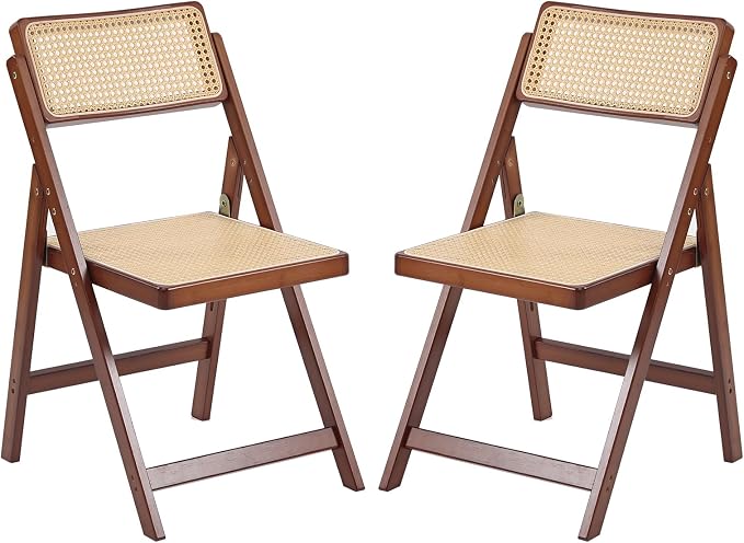 Tiita Rattan Dining Chairs Set of 2, Mid Century Modern Folding Chair, Bamboo Folding Dining Chairs for Small Space, Dining Room, Living Room, Bedroom, Walnut
