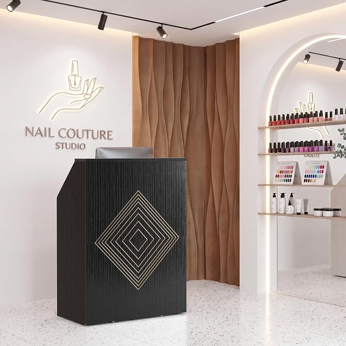 Small Black Reception Desk with Counter and Lock & Drawer for Salon 31.5 Inch Front Table Modern Standing Receptionist Room Tables Checkout Counter for Retail Store, Spa, Office