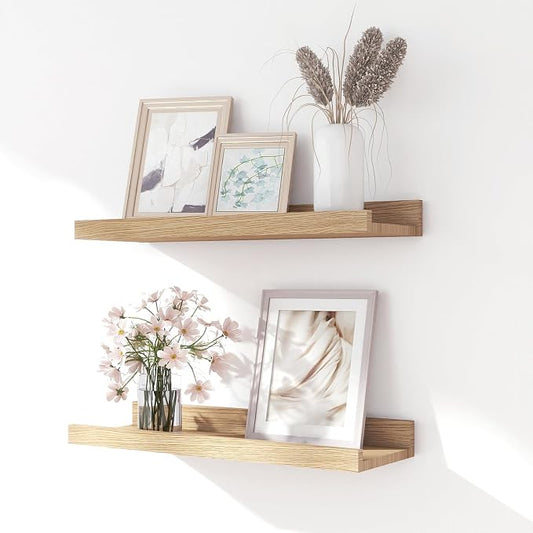 Floating Shelves for Wall Decor, Wall Mounted Wood Storage Shelf for Bedroom, Living Room, Bathroom, Kitchen, Nursery, Display Picture Ledge Shelf with Lip Set of 2-14 Inches, Oak