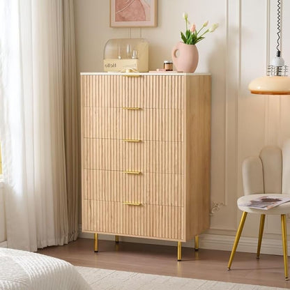Fluted 5 Drawers Dresser for Bedroom with Faux Marble Top and Gold Handle, 48" Tall 30" Wide Wooden Chest of Drawers, Modern Closet Storage Organizer Dressers for Living Room, Hallway,Oak