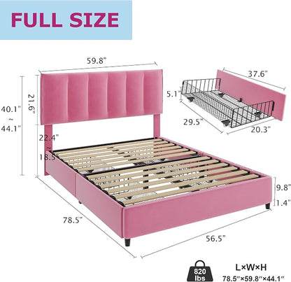 VECELO Full Upholstered Bed Frame with 4 Storage Drawers and Adjustable Velvet Headboard, Heavy-Duty Platform bedframe, No Box Spring Needed, Pink