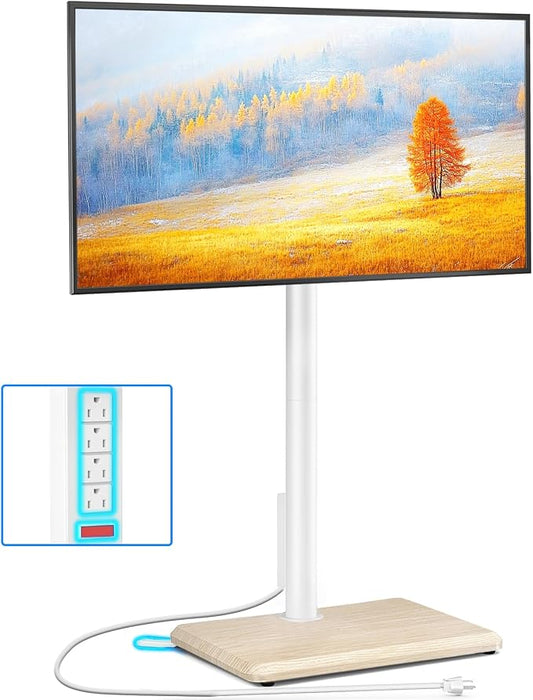 Rfiver Swivel Floor TV Stand with Power Outlet for 32-65 inch TVs, Height Adjustable Tall TV Stand with Wood Base, Hold Up to 88lbs, Saving Space Design for Bedroom, Living Room and Corner (White)