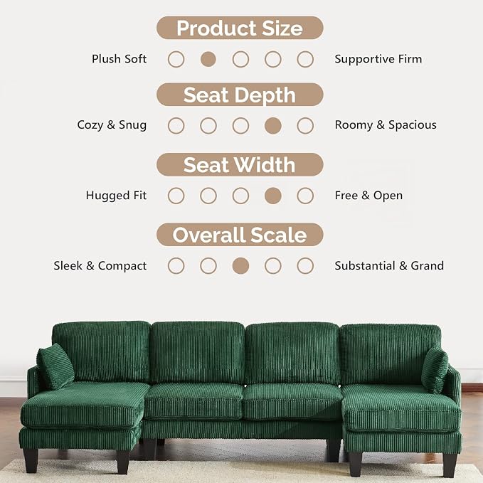 VINGLI 108" W U-Shaped Sectional Couches for Living Room, Sturdy Wooden Armrest Corduroy Cloud Couch with Double Chaise, High Support Modern 4-Seat Sectional Sofa for Apartment, Offices, Dark Green