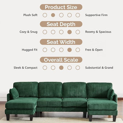 VINGLI 108" W U-Shaped Sectional Couches for Living Room, Sturdy Wooden Armrest Corduroy Cloud Couch with Double Chaise, High Support Modern 4-Seat Sectional Sofa for Apartment, Offices, Dark Green