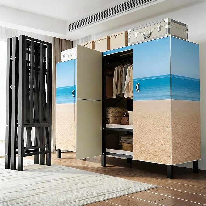 Heavy Duty Clothes Rack with Cover & Magnetic Doors, 1500lb Portable Wardrobe Closet - Foldable Garment Rack for Bedroom, Large Storage for Hanginng Dresses Jackets (Beach Blue, 70.8IN)